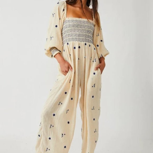 Free People Dahlia Embroidered Jumpsuit Off The Shoulder Pull-On New XS